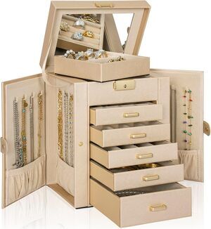 6-Tier Jewelry Box Organizer with Mirror, Color: Champagne-gold